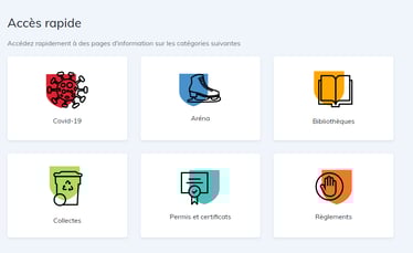 Une section avec 6 blocs encadrés avec un court texte laisse déduire que ces blocs seront cliquables vers une source d’information, un titre précède les images.