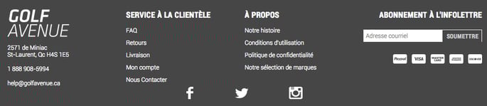 Footer de Golf Avenue - Informations de contact