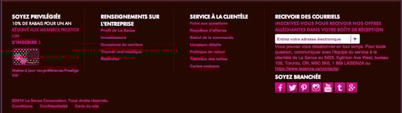 Footer du site la Senza - Rubriques ayant attrait au service à la clientèle