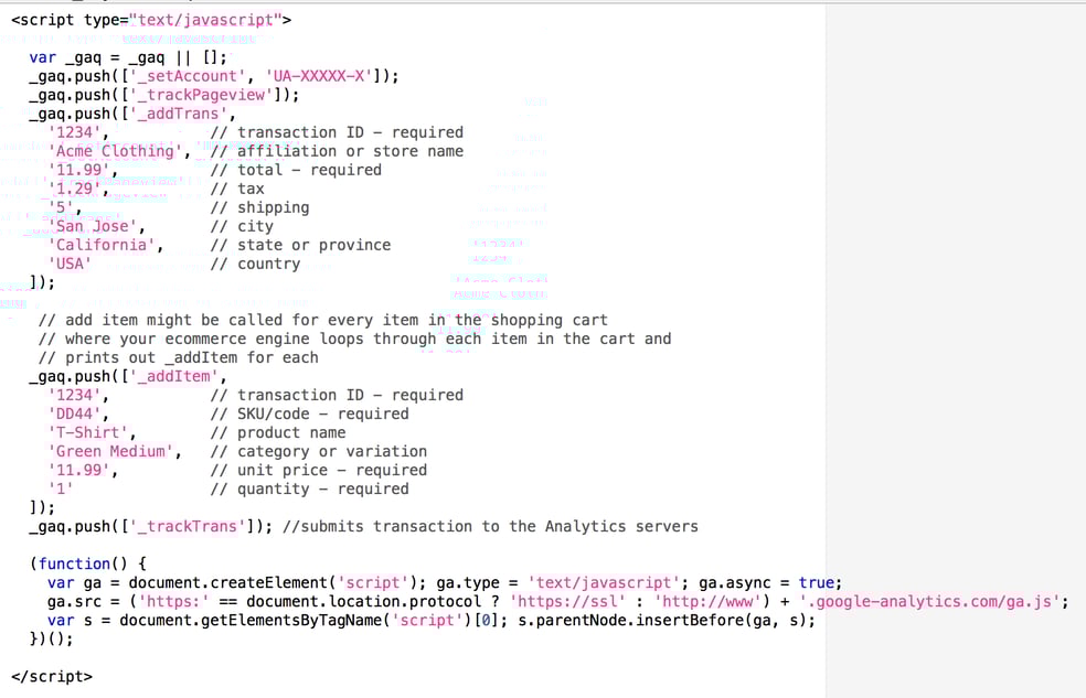 Code du suivi des transactions de Google Analytics