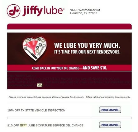 Jiffy Lube rappel courriel automatisé