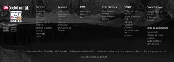 organisation du footer du site ecko unltd par catégorisation produit