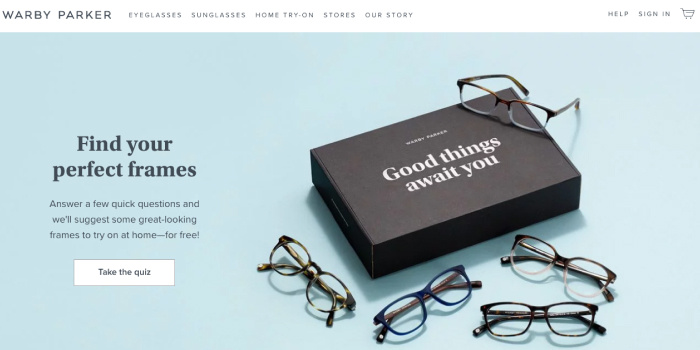 Capture d'écran du site de Warby parker un détaillant de lunettes